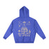 Blue hoodie with white graphic design on a white background